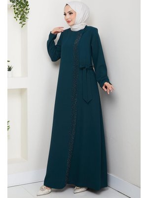 Gizli Fermuarlı Yandan Bağlamalı Boncuklu Ferace Zümrüt