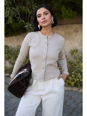 Basic Düğmeli Bej Waffle Hırka