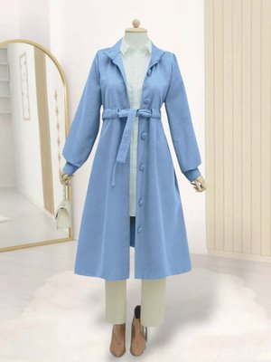 Mavi Belden Bağlamalı Top Düğmeli Kaşe Kaban