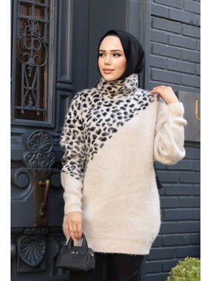 Desenli Bej Triko Kazak Tunik 8818bej