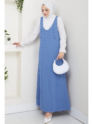 Mavi Kaz Ayağı Desen Jile Elbise