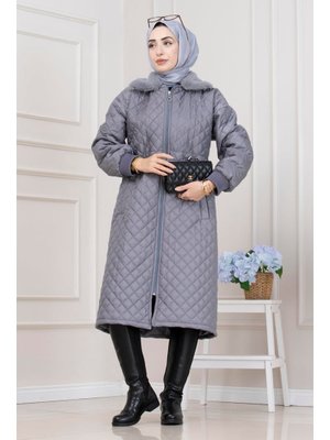 Gri Yakası Kürklü Capitone Mont