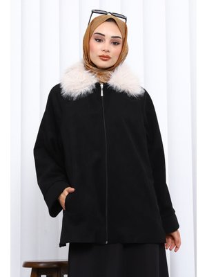 Siyah Yaka Kürk Detaylı Süet Ceket