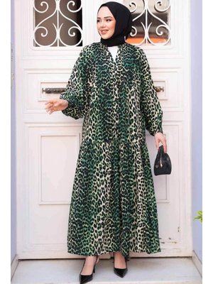 Leopar Desenli Yeşil Elbise 52942y