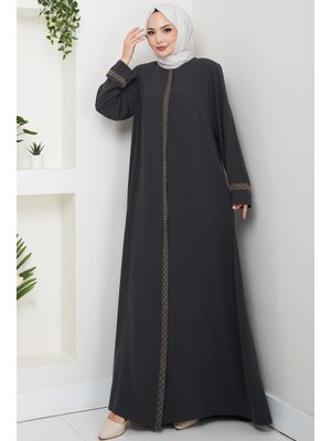 Füme Çiçek Nakışlı Büyük Beden Ferace