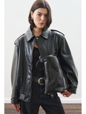 Siyah Retro Tarz Oversıze Deri Ceket