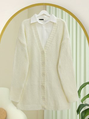 Ekru Önü Düğmeli Örme Triko Hırka