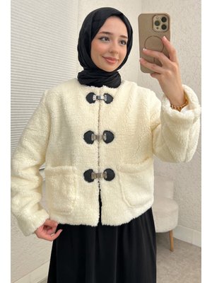 Ekru Toka Detaylı Peluş Ceket