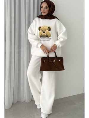 Beyaz Ayıcık Desen Üç İplik İkili Takım