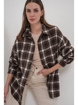 Kahverengi Ekose Desen Oversize Oduncu Gömlek C.