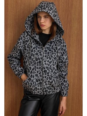 Gri L Kapüşonlu Beli Lastikli Oversize Leopar Desenli Kısa Kaban