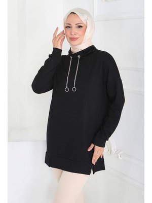 Sıyah Siyah Zincir Detaylı Modal Tunik