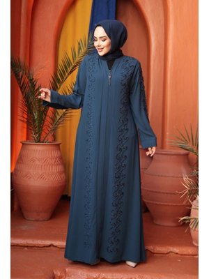 Boncuk İşlemeli Petrol Mavisi Ferace 29123pm