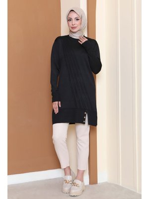Siyah Sıyah Düğmeli Fitilli Triko Tunik