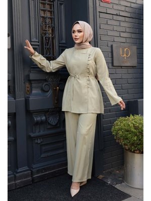 Düğmeli Açık Haki İkili Takım 30431ahk