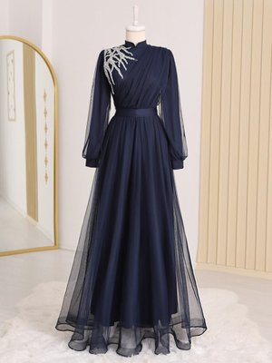 Laci Önü Taş Detaylı Drapeli Kemerli Tül Abiye Elbise