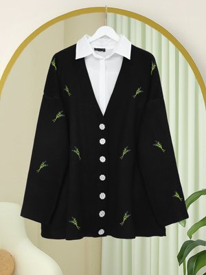 Siyah Taşlı Düğmeli Dal Desenli Triko Hırka