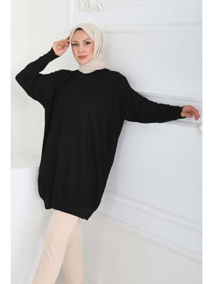 Siyah Sıyah Çima Detaylı Triko Tunik