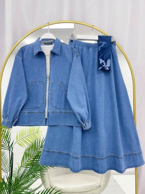 Mavi Cep Detaylı Etekli Kot Takım