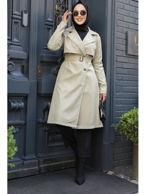 Tokalı Kemerli Açık Haki Trençkot 59371ahk