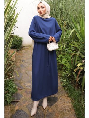 Lacivert Bisiklet Yaka Bel Kuşaklı Elbise