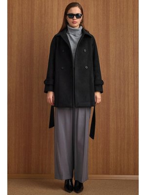 Siyah Reglan Kol Kruvaze Kısa Kaban