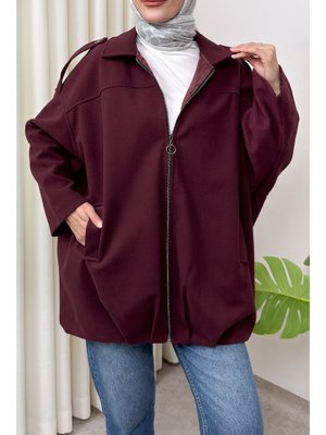 Bordo Fermuarlı Oversize Kaşe Kaban