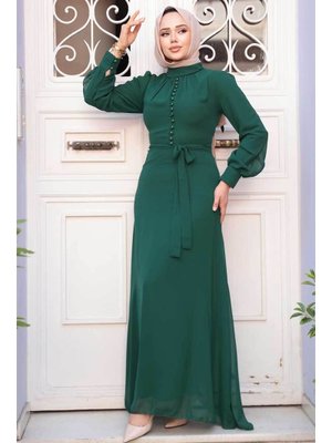 Düğme Detaylı Zümrüt Yeşili Elbise 2703zy
