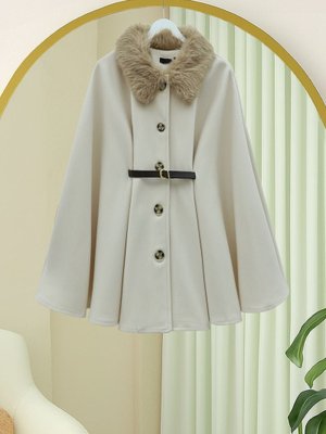 Bej Yakası Kürklü Beli Kemerli Düğmeli Kaşe Panço