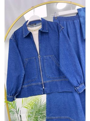 Lacivert Cep Detaylı Etekli Kot Takım