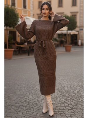 Vizon Baklava Desenli Fileli Triko Elbise