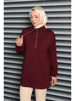 Bordo Zincir Detaylı Modal Tunik