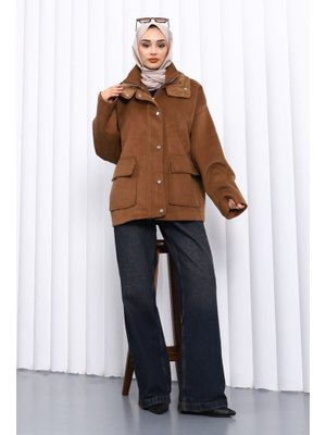 Camel Fermuarlı Astarlı Oversize Kaşe Kaban