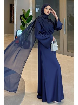 Lacivert Pelerinli Saten Abiye Elbise