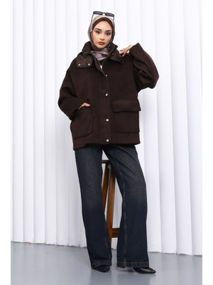 Kahverengi Fermuarlı Astarlı Oversize Kaşe Kaban