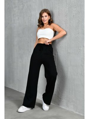 Siyah Fitilli Örme Palazzo Triko Pantolon