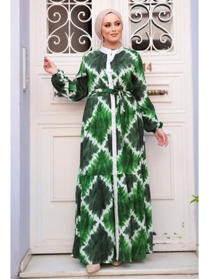 Desenli Zümrüt Yeşili Elbise 23922zy