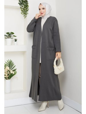 Çelik Örgü Cepli Uzun Triko Hırka