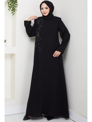 Siyah Çiçek Detay Taşlı Ferace
