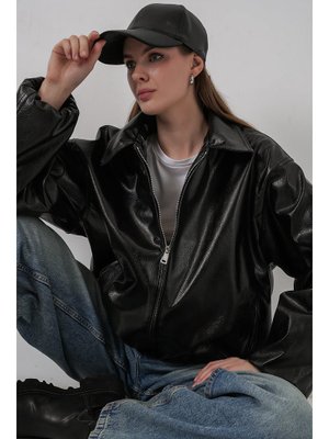 Siyah Oversize Suni Deri Ceket