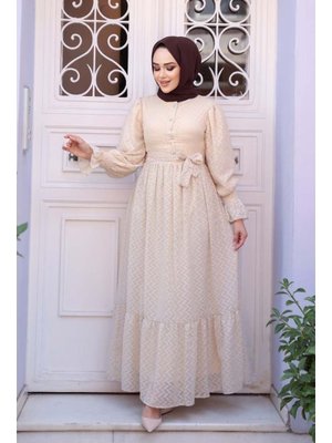 Düğmeli Bej Elbise 13902bej