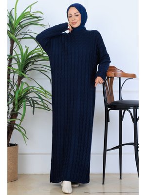 Lacivert Örgü Desenli Triko Elbise