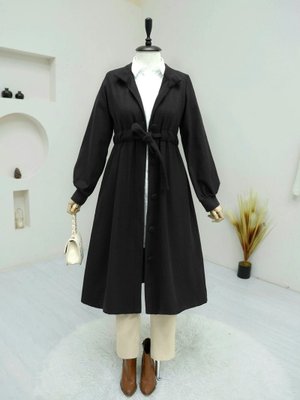 Siyah Belden Bağlamalı Top Düğmeli Kaşe Kaban