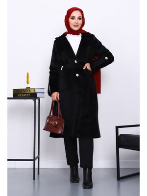 Siyah Kruvaze Yaka Kol Apoletli Angora Kaban