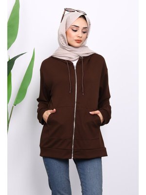 Kahverengi Kapüşonlu Fermuarlı Modal Sweat Hırka