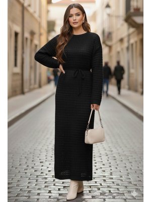 Siyah Palmiye Fileli Triko Elbise