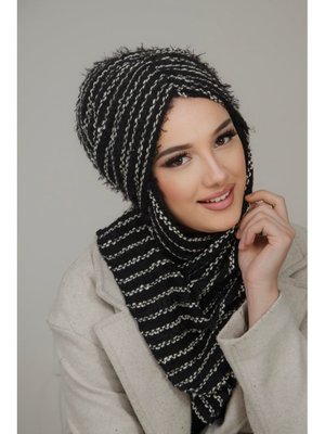 Siyah Çizgili Kelebek Model Büzgülü Bone Şal