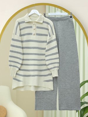Gri Polo Yaka Düğmeli Çizgili Triko Takım
