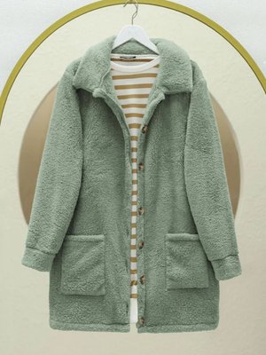 Mint Boydan Düğmeli Cepli Pelüş Ceket