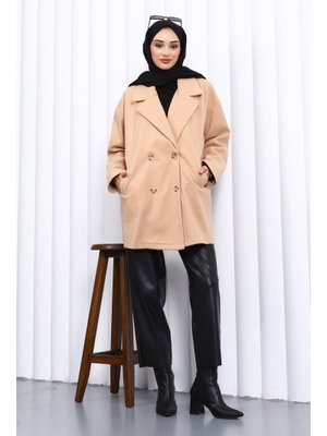 Bisküvi Kruvaze Yaka Astarlı Cepli Kaşe Kaban